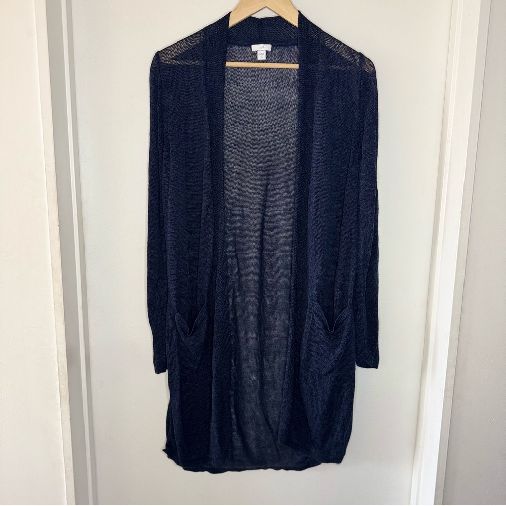 J JILL Navy Blue Long Open Knit Linen & Rayon Cardigan Medium Tall Pockets EUC